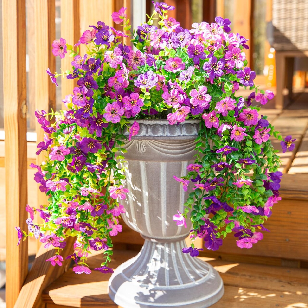 2-Piece Artificial Hanging Flowers – Faux Silk Daisy with Eucalyptus Vines, UV-Resistant Realistic Trailing Plants for Balcony, Patio, Porch, and Spring Outdoor Decor (Dark Purple + Purple)
